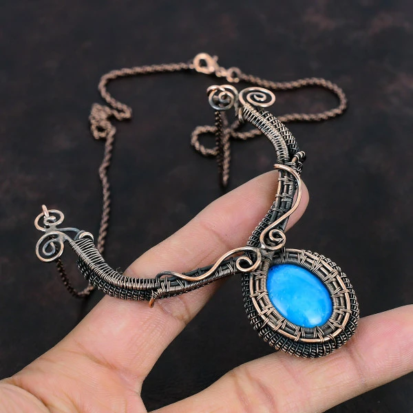 Smithsonite Oval Blue Handmade Copper Wire Wrapped Necklace