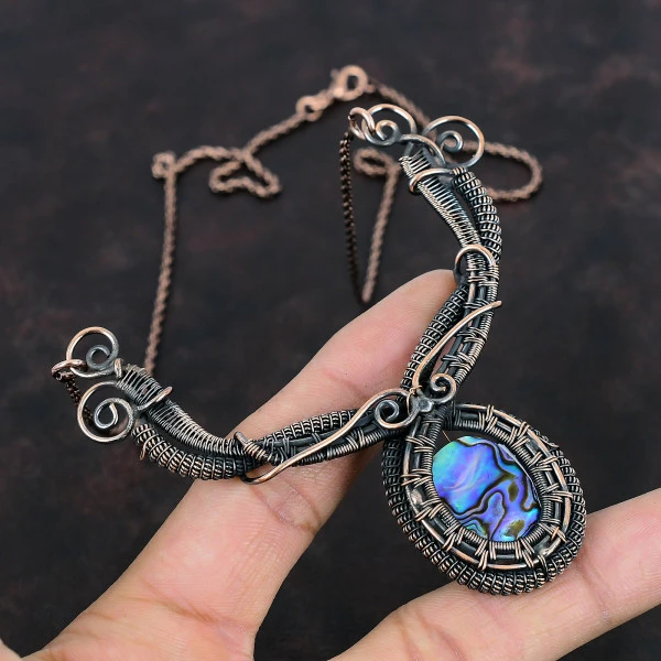 Abalone Shell Oval Blue Handmade Copper Wire Wrapped Necklace