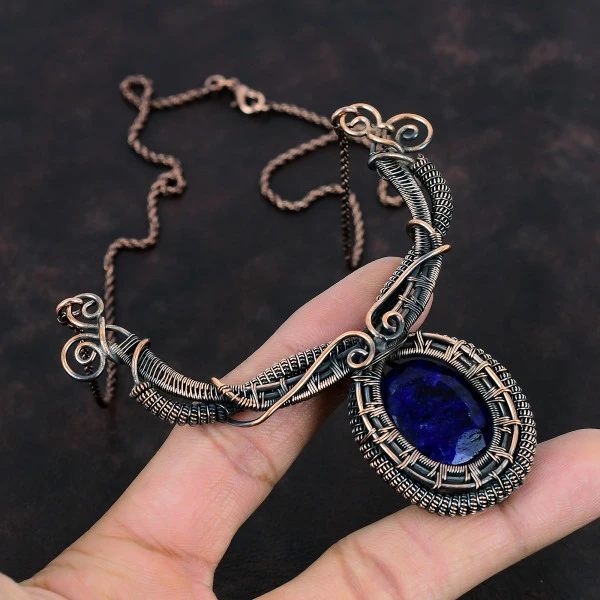 Blue Sapphire Oval Blue Handmade Copper Wire Wrapped Necklace