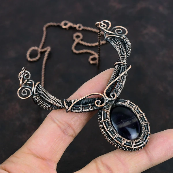 Multi Fluorite Oval Purple Handmade Copper Wire Wrapped Necklace