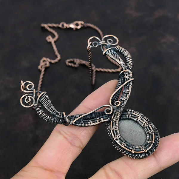 Silver Sheen Obsidian Oval Gray Handmade Copper Wire Wrapped Necklace