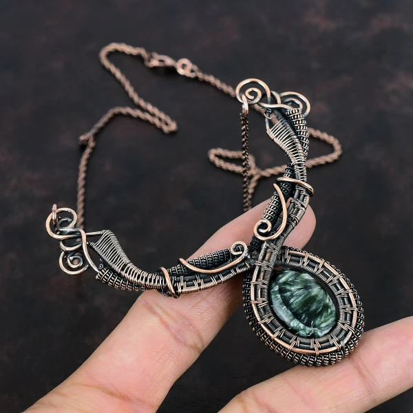 Seraphinite Oval Green Handmade Copper Wire Wrapped Necklace