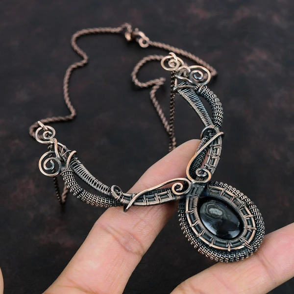 Psilomelane Oval Black Handmade Copper Wire Wrapped Necklace