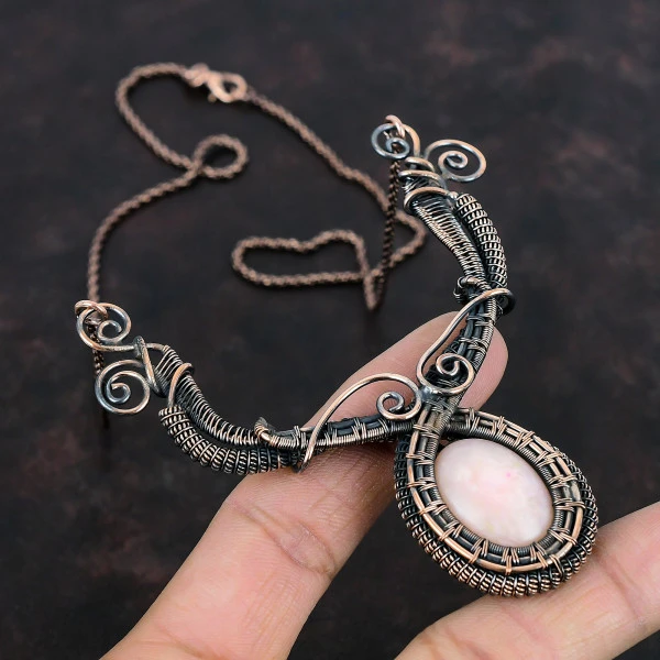 Pink Opal Oval Pink Handmade Copper Wire Wrapped Necklace