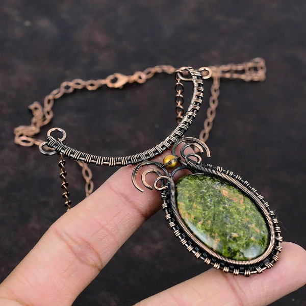 Unakite Oval Green Handmade Copper Wire Wrapped Necklace