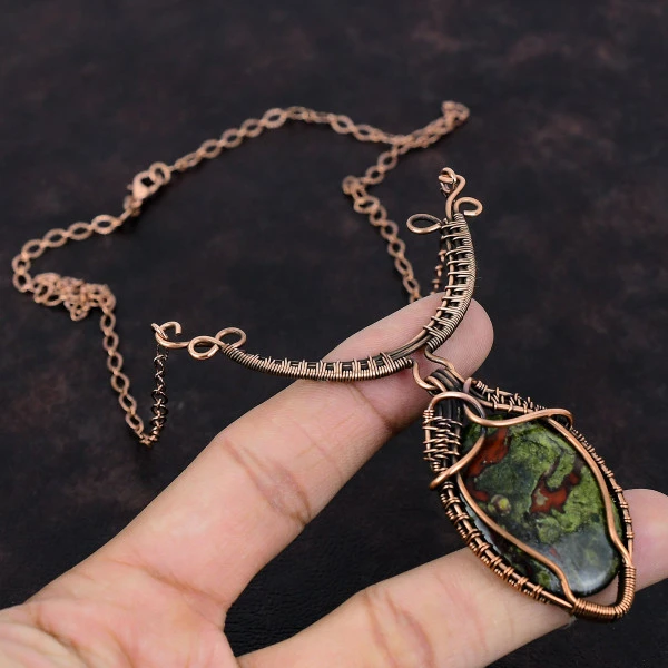 Dragon Bloodstone Oval Green Handmade Copper Wire Wrapped Necklace