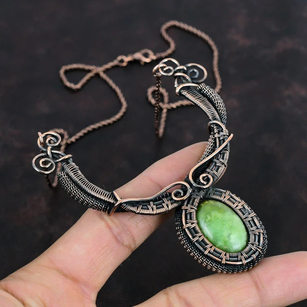 Chrysoprase Oval Green Handmade Copper Wire Wrapped Necklace