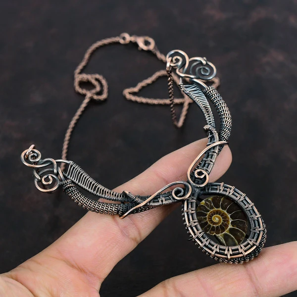 Ammonite Fossil Pear Brown Handmade Copper Wire Wrapped Necklace