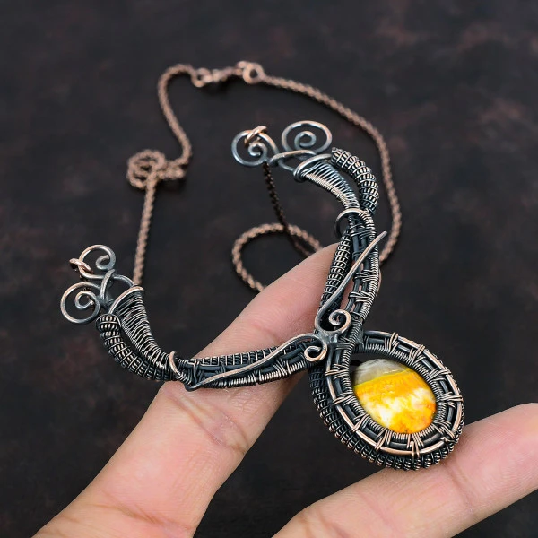 Bumble Bee Jasper Oval Yellow Handmade Copper Wire Wrapped Necklace