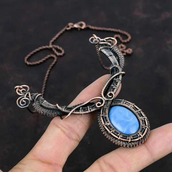Owyhee Blue Opal Oval Blue Handmade Copper Wire Wrapped Necklace