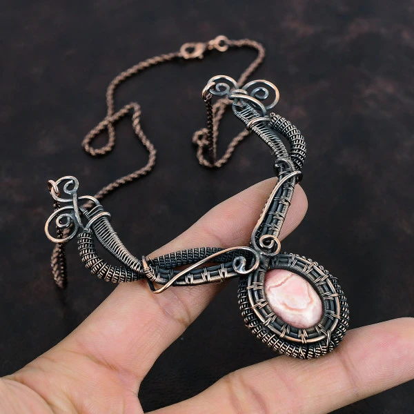 Rhodochrosite Oval Pink Handmade Copper Wire Wrapped Necklace