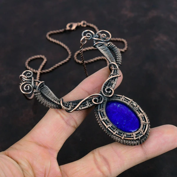 Lapis Lazuli Oval Blue Handmade Copper Wire Wrapped Necklace