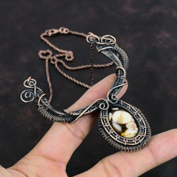 Peanut Wood Jasper Oval White Handmade Copper Wire Wrapped Necklace