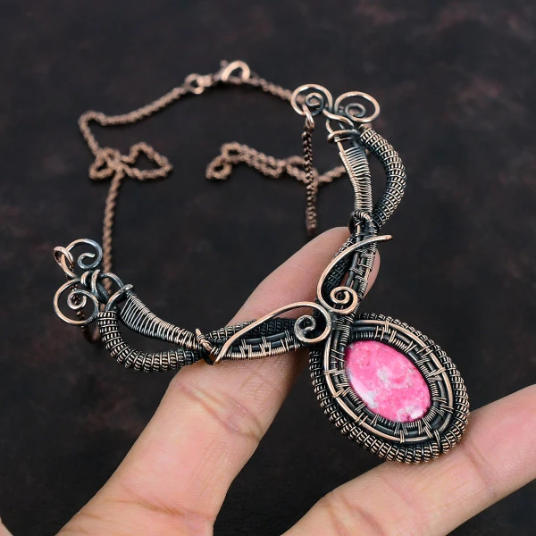 Thulite Oval Pink Handmade Copper Wire Wrapped Necklace