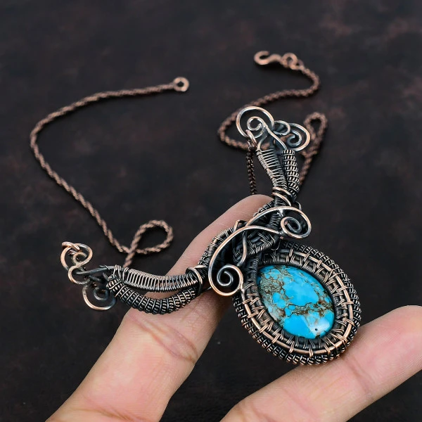 Tibetan Turquoise Oval Blue Handmade Copper Wire Wrapped Necklace
