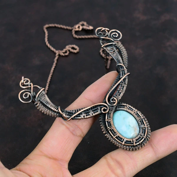 Larimar Oval Blue Handmade Copper Wire Wrapped Necklace