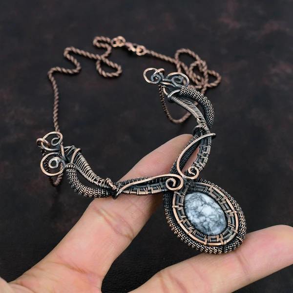 Pinolith Jasper Oval Gray Handmade Copper Wire Wrapped Necklace