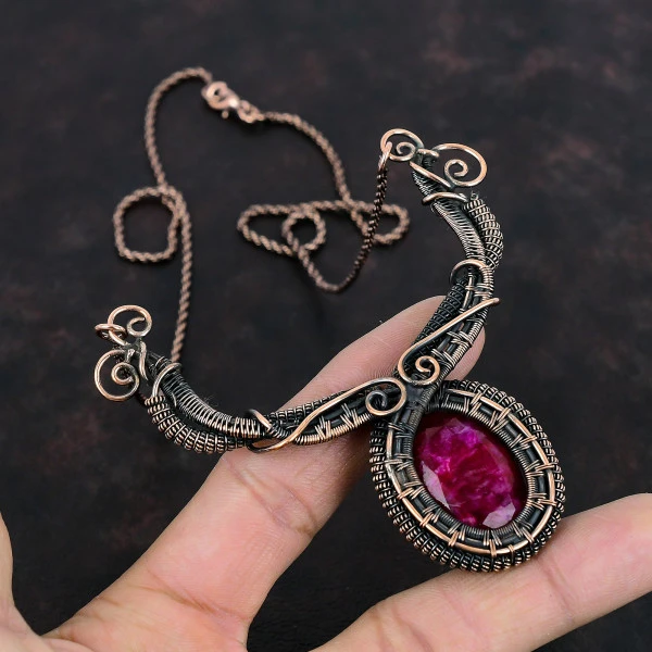 Kashmir Ruby Oval Red Handmade Copper Wire Wrapped Necklace