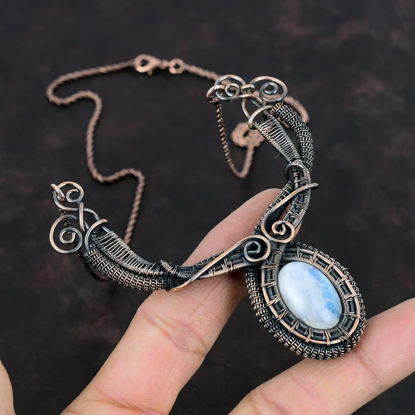 Rainbow Moonstone Oval White Handmade Copper Wire Wrapped Necklace