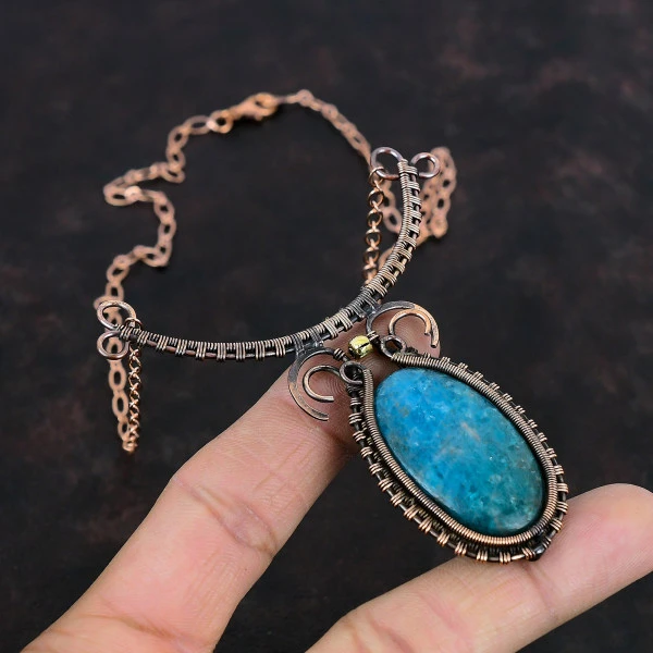 Neon Apatite Oval Blue Handmade Copper Wire Wrapped Necklace