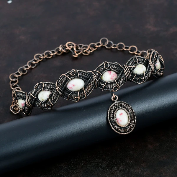 Cinnabar Oval White Handmade Copper Wire Wrapped Necklace