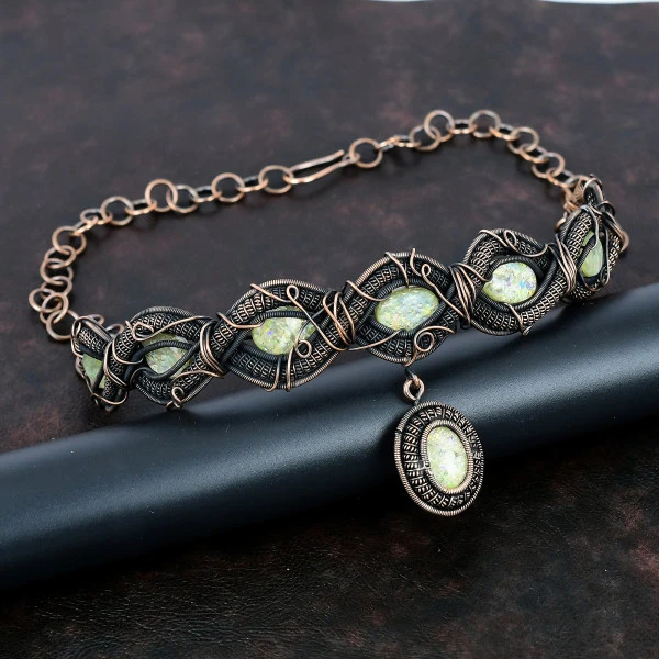 Australian Triplet Opal Oval White Handmade Copper Wire Wrapped Necklace
