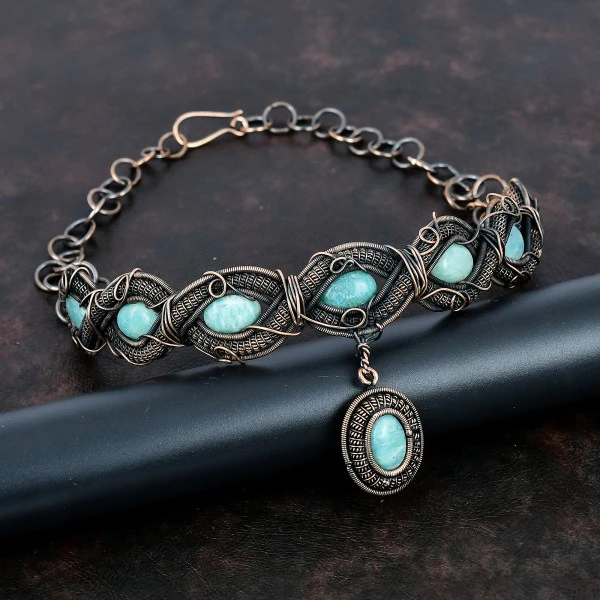 Amazonite Oval Green Handmade Copper Wire Wrapped Necklace
