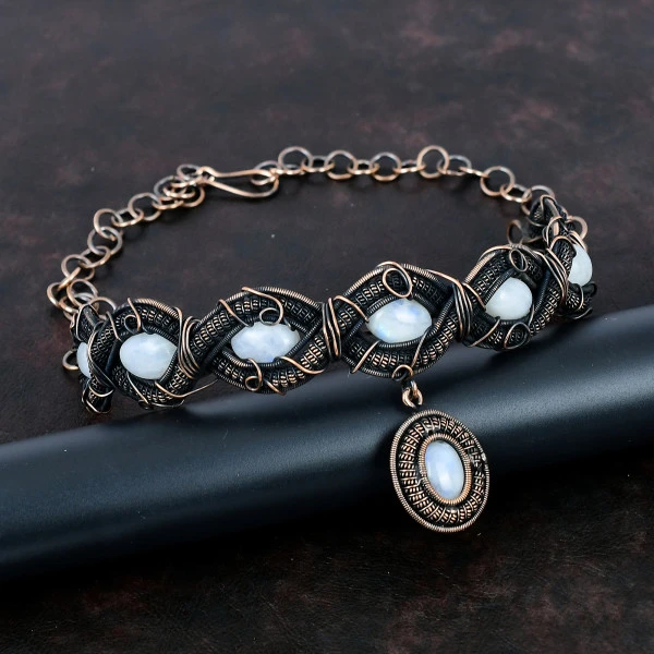 Rainbow Moonstone Oval White Handmade Copper Wire Wrapped Necklace
