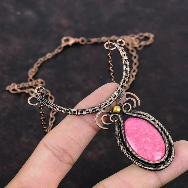Thulite Oval Pink Handmade Copper Wire Wrapped Necklace