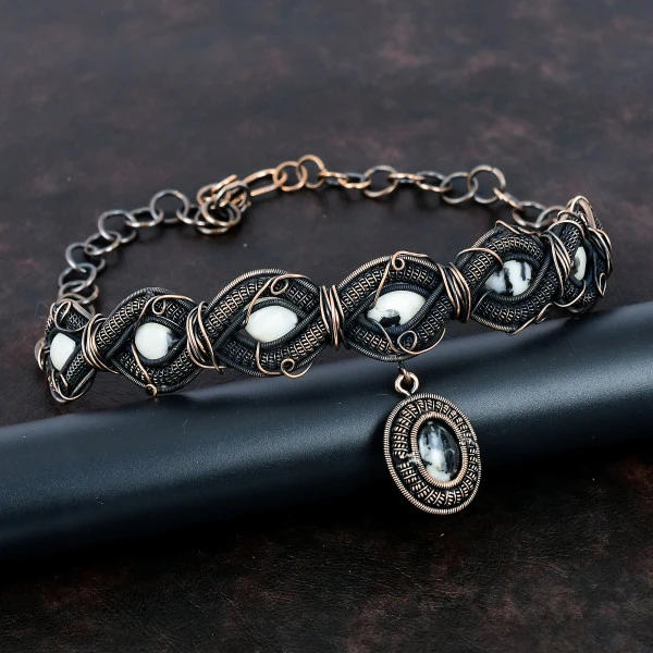 White Buffalo Turquoise Oval White Handmade Copper Wire Wrapped Necklace