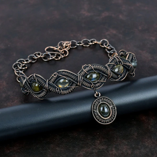 Labradorite Oval Gray Handmade Copper Wire Wrapped Necklace