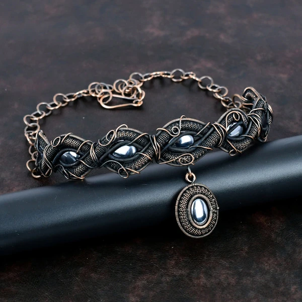 Shungite Oval Black Handmade Copper Wire Wrapped Necklace