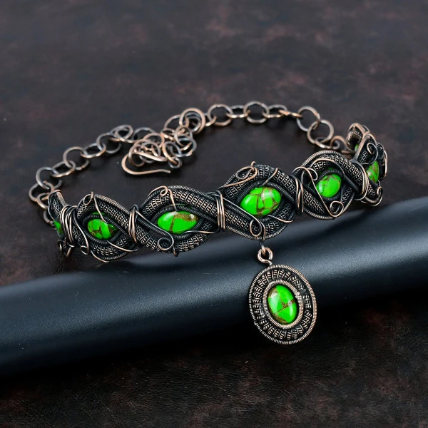 Copper Green Turquoise Oval Green Handmade Copper Wire Wrapped Necklace