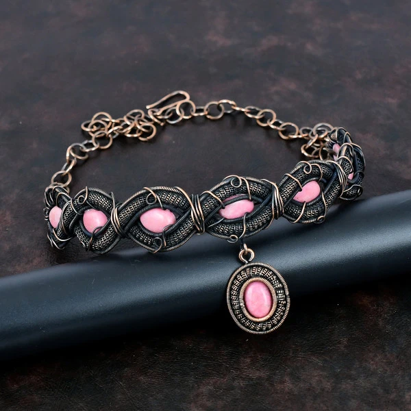Thulite Oval Pink Handmade Copper Wire Wrapped Necklace