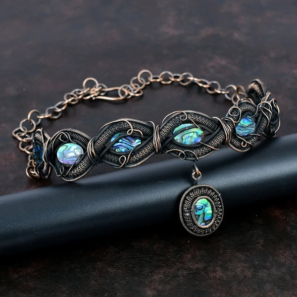 Abalone Shell Oval Green Handmade Copper Wire Wrapped Necklace