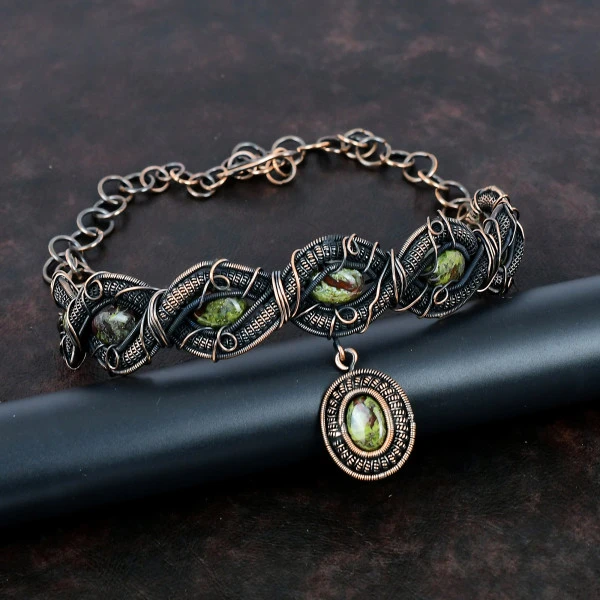 Dragon Bloodstone Oval Green Handmade Copper Wire Wrapped Necklace