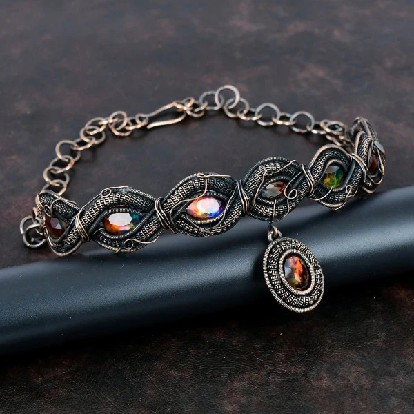 Ammolite Oval Red Handmade Copper Wire Wrapped Necklace