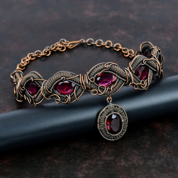 Handmade Rubellite Copper Wire Wrapped Adjustable Necklace