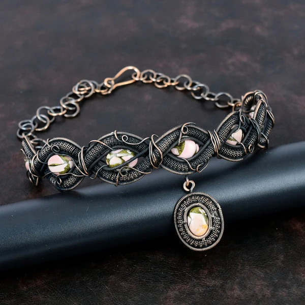 Copper Pink Opal Oval Pink Handmade Copper Wire Wrapped Necklace