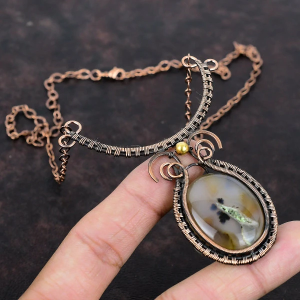 Montana Agate Oval Brown Handmade Copper Wire Wrapped Necklace