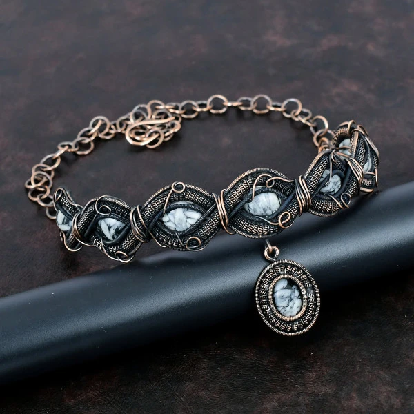 Pinolith Jasper Oval White Handmade Copper Wire Wrapped Necklace