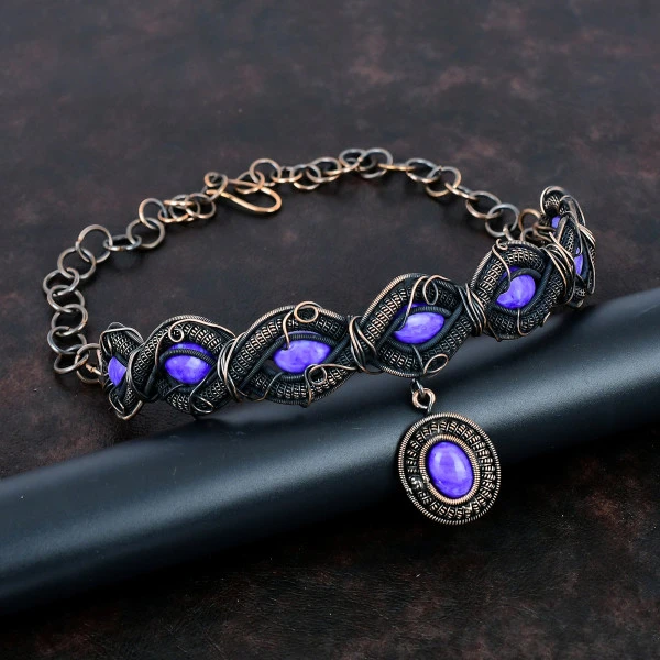 Charoite Oval Purple Handmade Copper Wire Wrapped Necklace
