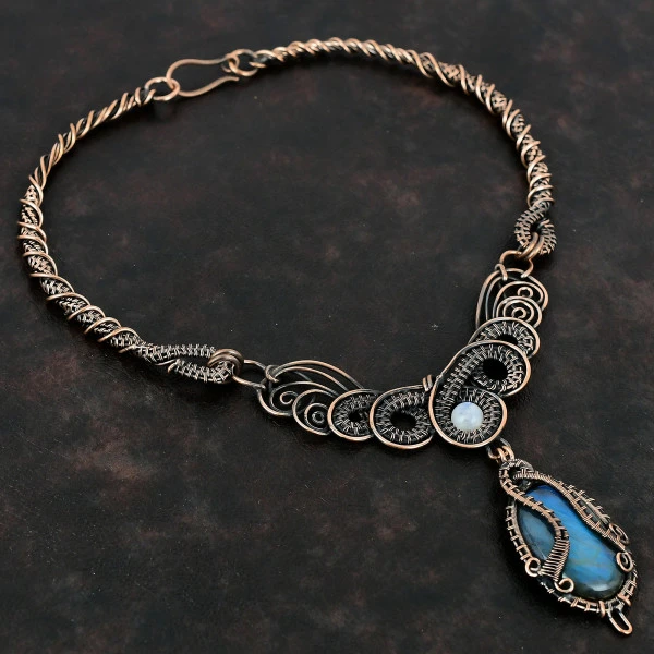 Labradorite Oval Gray Handmade Copper Wire Wrapped Necklace