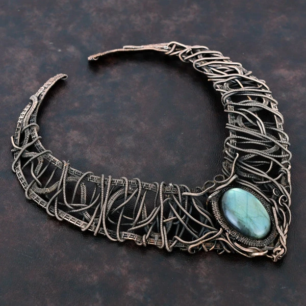 Labradorite Oval Gray Handmade Copper Wire Wrapped Necklace