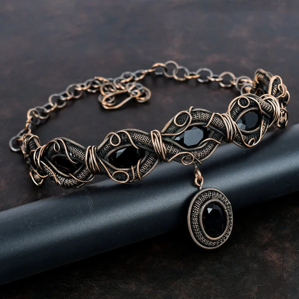 Black Onyx Oval Black Handmade Copper Wire Wrapped Necklace