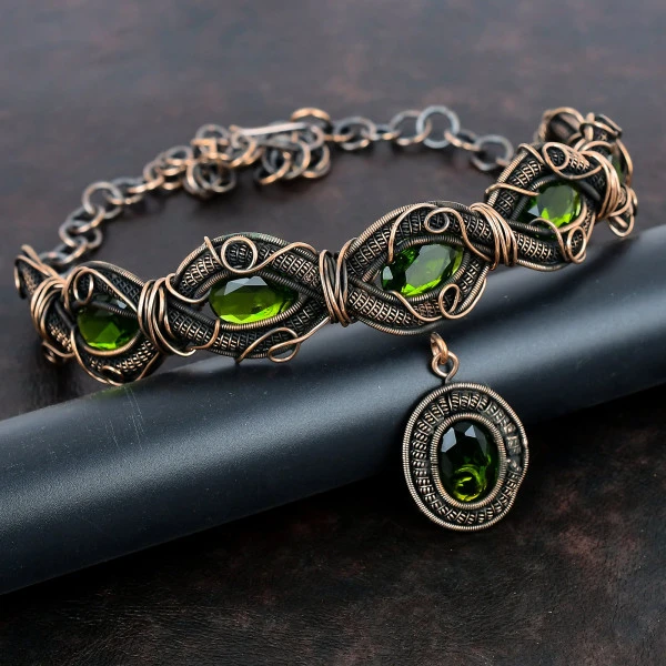 Peridot Oval Green Handmade Copper Wire Wrapped Necklace