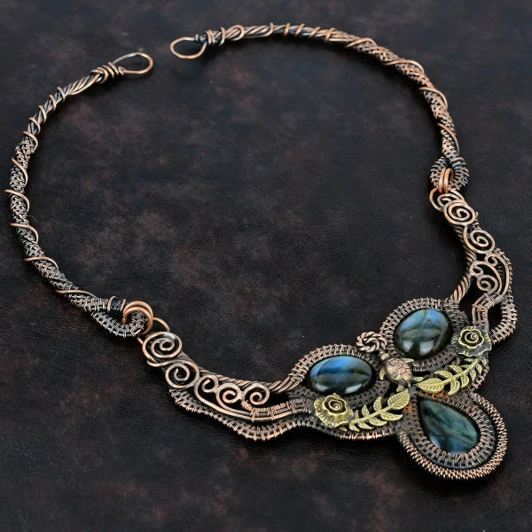 Labradorite Pear Gray Handmade Copper Wire Wrapped Necklace