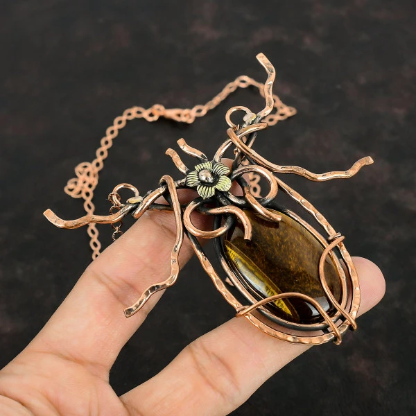 Tiger's Eye Oval Brown Handmade Copper Wire Wrapped Necklace