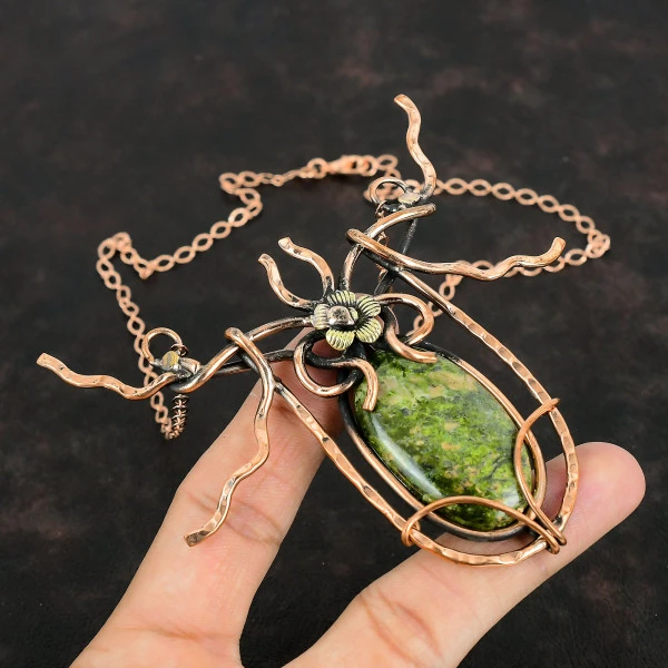 Unakite Oval Green Handmade Copper Wire Wrapped Necklace