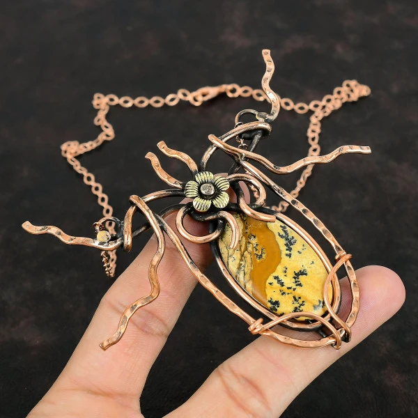Picture Jasper Oval Brown Handmade Copper Wire Wrapped Necklace